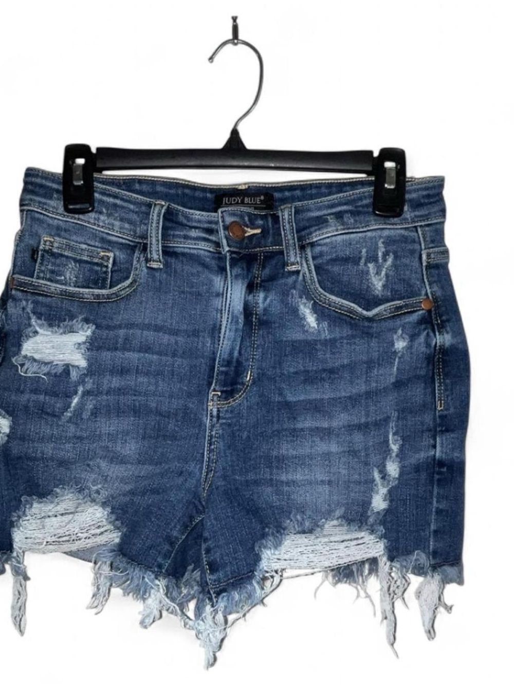 Judy Blue medium blue denim shorts with frayed hem